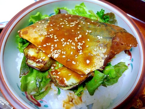 焼きナス&レタスでさっぱり✿⁠鯖味噌煮丼